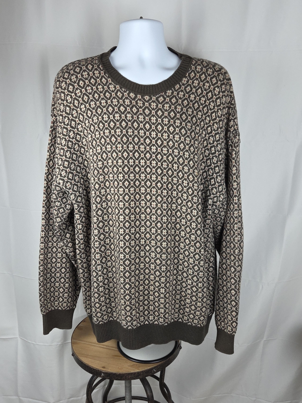 Claiborne..Vintage 80's Claiborne Brown & Cream Geometric Crewneck Sweater - Men